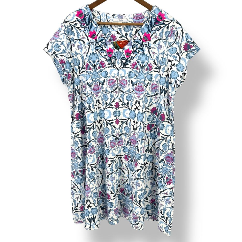 Go Softly Embroidered Jersey Knit Floral Tile Print Lounge Dress Sz S Full Zip